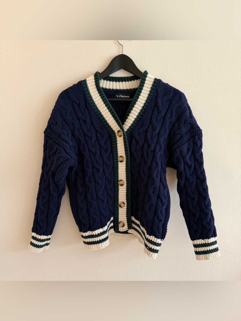 En Saison Navy Cardigan with Cream and Green Trim